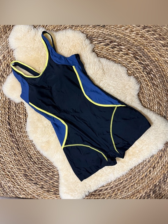 Other - Women’s Black & Blue One-Piece Athletic Swim Suit with Yellow Trim